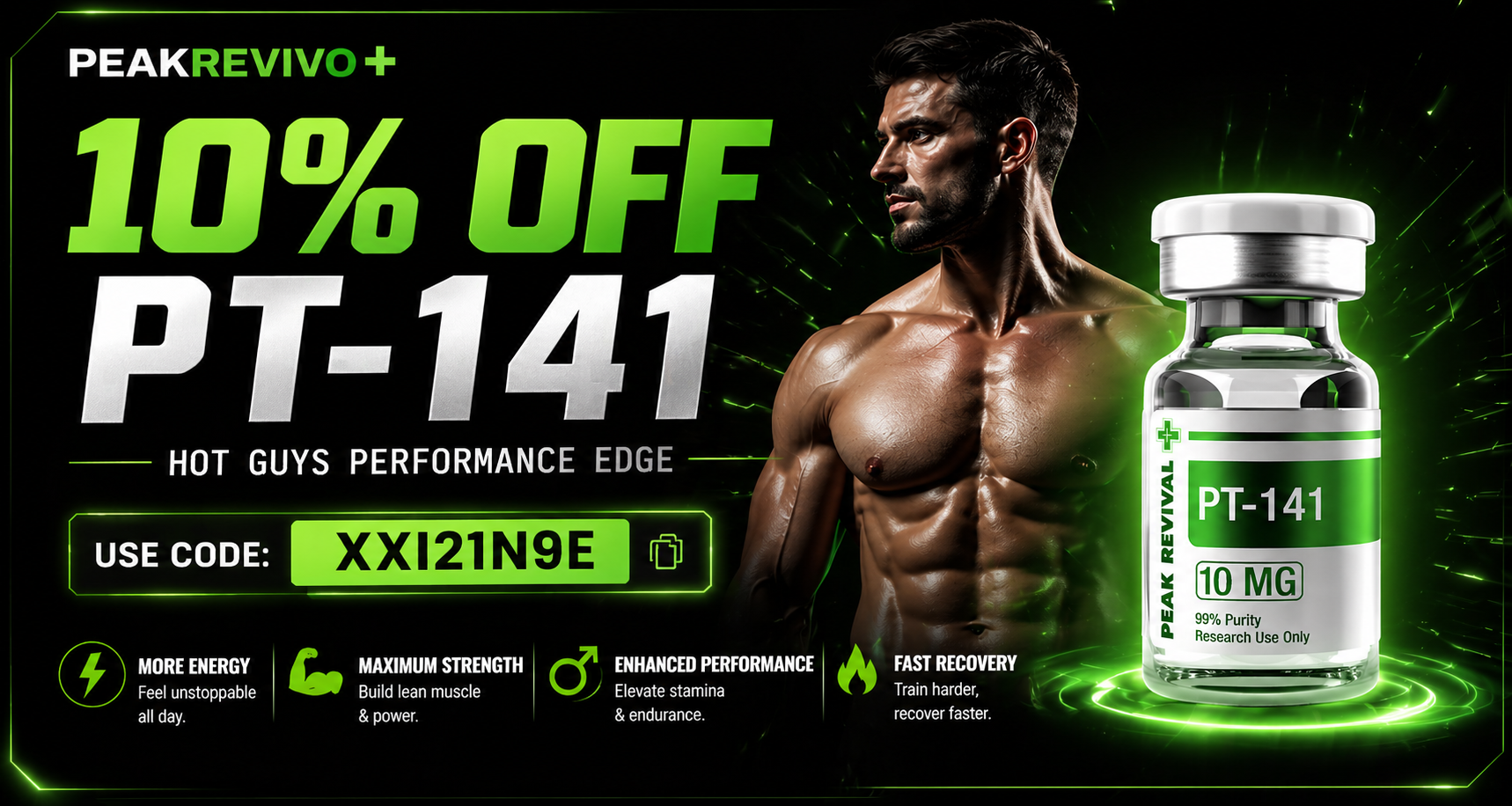 Peak Revivo+ promotional product image with vial and discount code